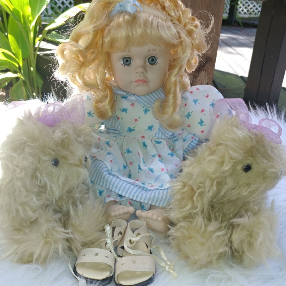 Vintage Toys R Us 1 Porcelain Doll & 2 Dogs Set